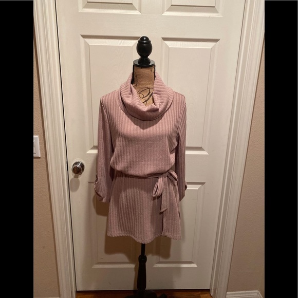 Sweaters - Belted ribbed cowl neck top.